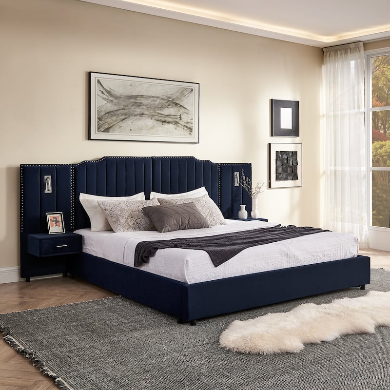 Upholstered Bed, Vertical Stripe Buttons Design Wingback Bed Frame, Velvet Fabric Platform Bed with Bedside Table