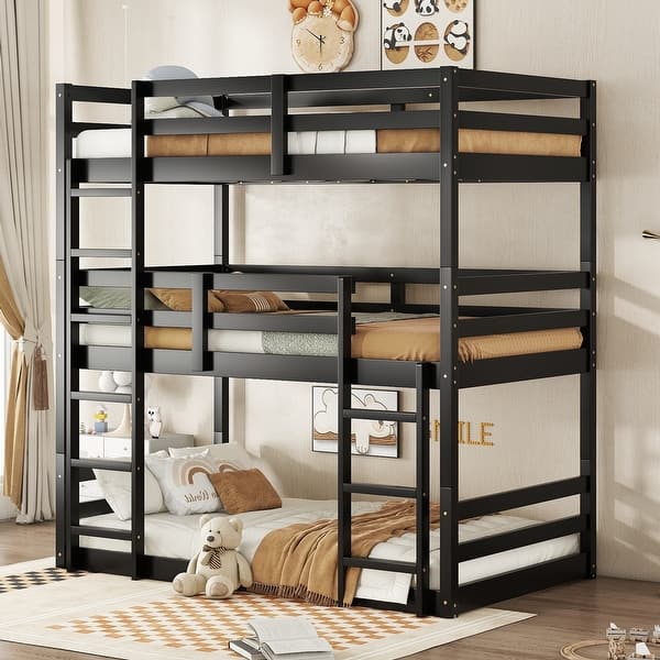 slide 2 of 39, Rubber Wood Bunk Bed with Two Built-in Ladders, Guardrails, Detachable Triple Twin Bunk Black