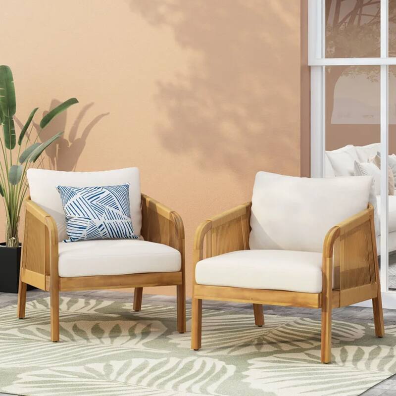 Set of 2, Acacia Wood and Wicker Outdoor Club Chair, Deep Seating with Soft Cushion
