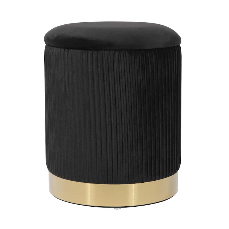 Black Velvet Channel-Tufted Round Storage Ottoman With Gold Base