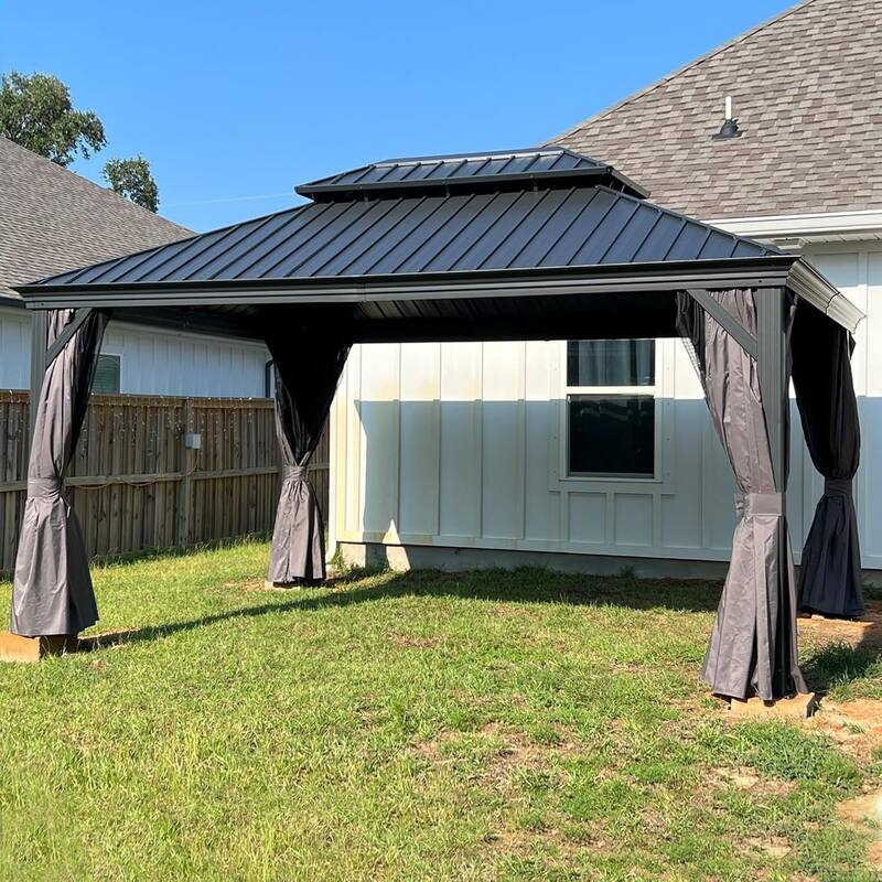 PURPLE LEAF Outdoor Galvanized Steel Hardtop Gazebo, Aluminum Frame Gazebo With Curtains