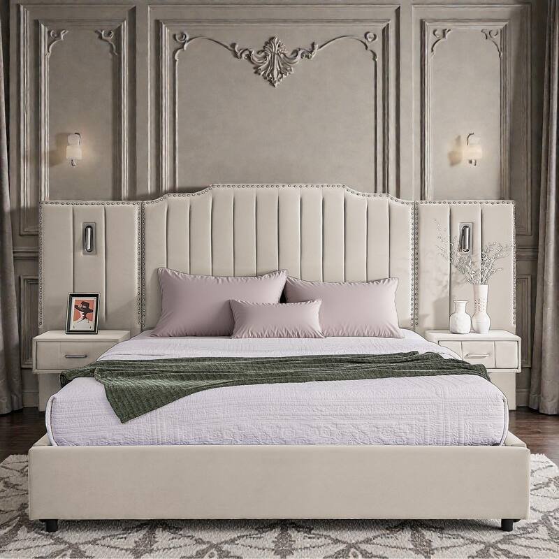 Modern Upholstered Bed Frame with Velvet Headboard, Vertical Channel Button Design, Integrated Nightstand, Platform Support