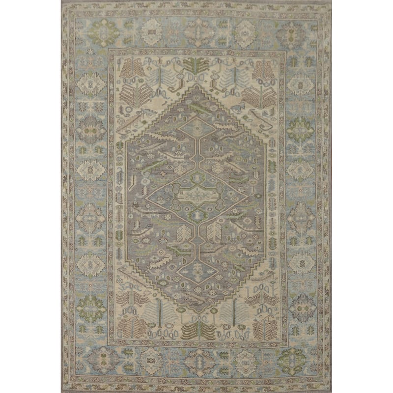 Handmade Wool Oushak Turkish Area Rug, Floral Geometric Carpet - 10' 0'' X 7' 10''