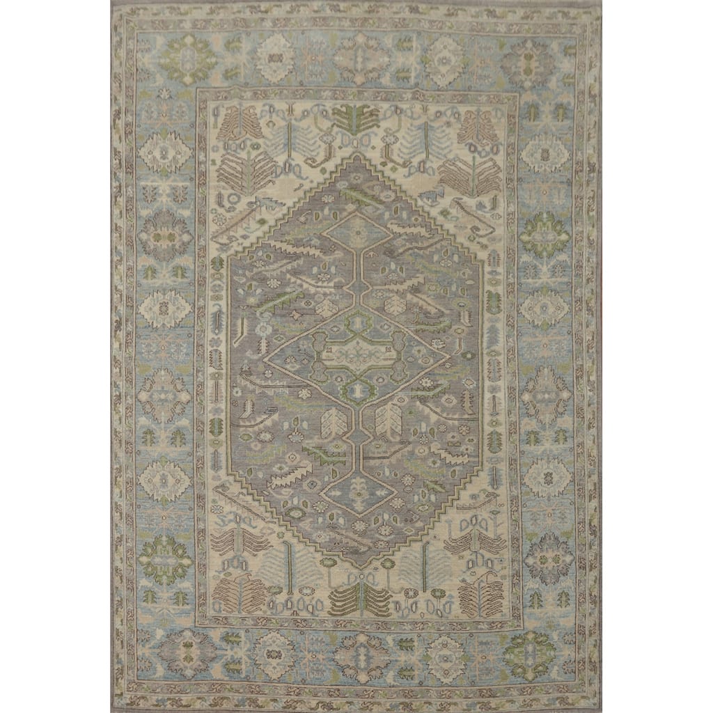 Handmade Wool Oushak Turkish Area Rug, Floral Geometric Carpet - 10' 0'' X 7' 10''