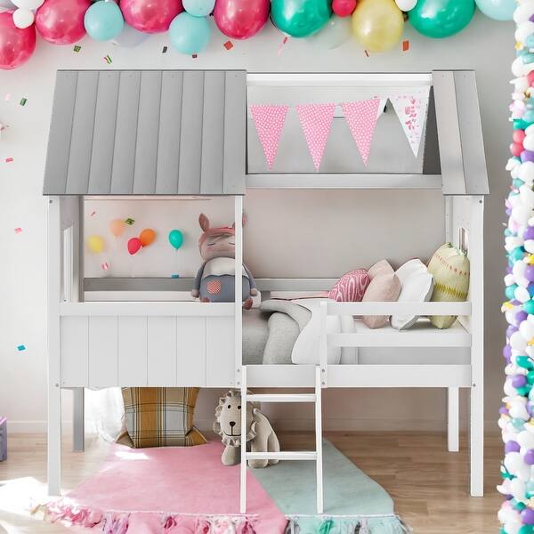 slide 2 of 9, Modern Twin Size Low House Loft Bed With Two Side Windows,Sturdy Construction for Bedroom White+Grey