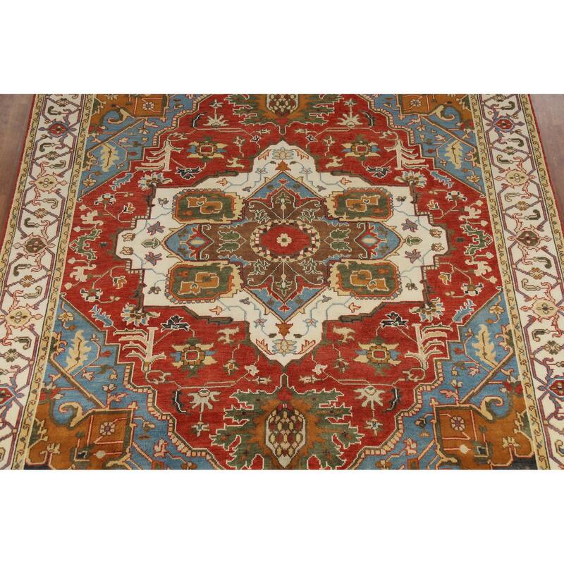 Medallion Orange Heriz Serapi Rug Handmade Traditional Wool Carpet - 8'8" x 11'5"