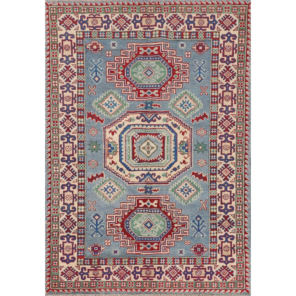 Light Blue Geometric Kazak Area Rug Hand-Knotted Wool Carpet - 4'0" x 5'10"