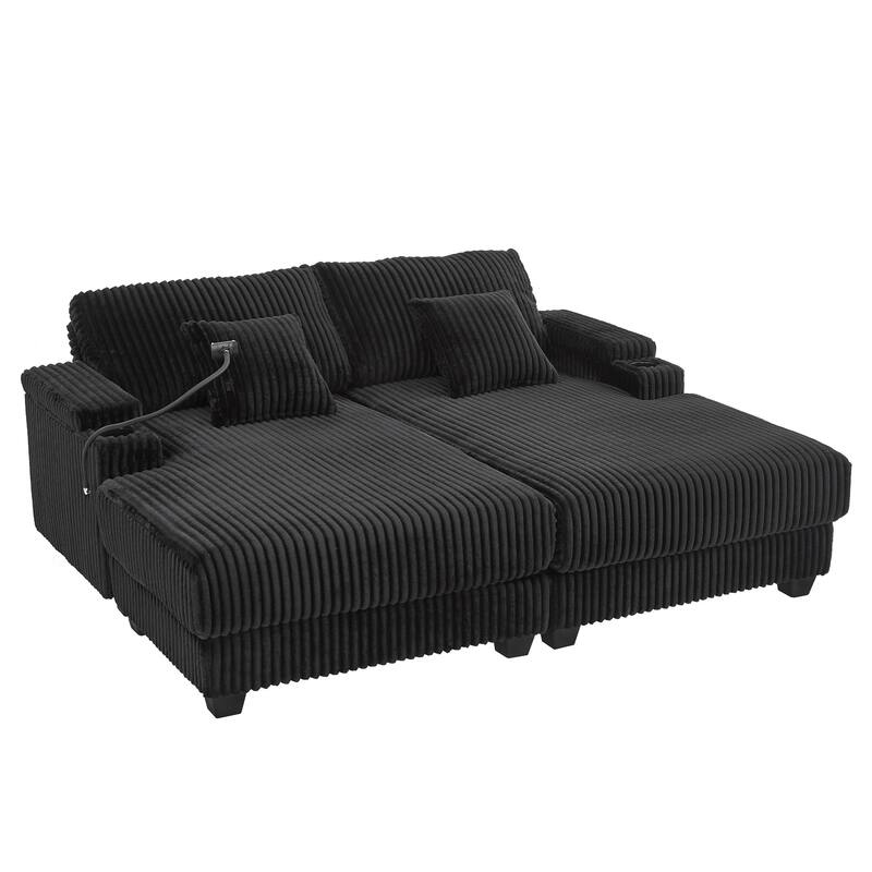 Corduroy Chaise Lounge Sofa Loveseat Sleeper Sofa with Adjustable Backrest, Cup Holders, Phone Holder and Dual Storage Armrest