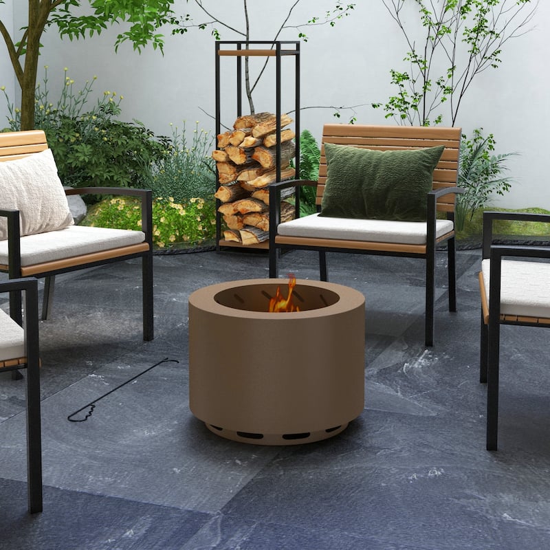 Outsunny Smokeless Fire Pit, 19" Portable Wood Burning Firepit with Poker, Low Smoke Camping Bonfire Stove - Brown