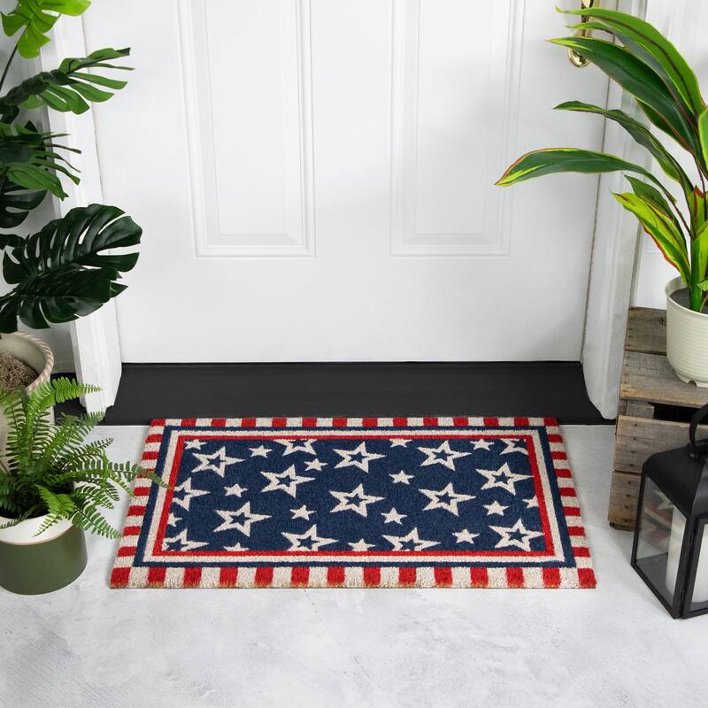 Blue and Red Americana Stars and Striped Border Coir Outdoor Doormat - 30