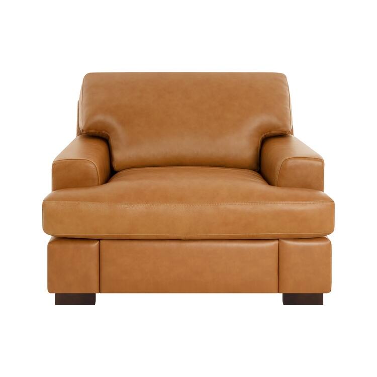 Genuine Leather Accent Chair - Luxurious Comfort Goose Feather Cushion Filling Square Arm Design Sturdy Block Legs