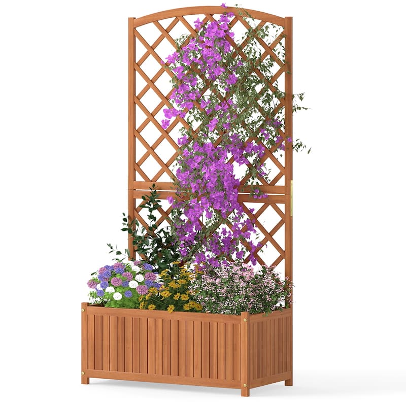 Natural Acacia Wood Raised Garden Bed with Diamond Trellis and Large Planter - 80 x 40 x 160 cm