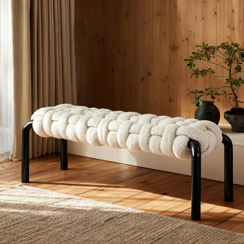Christopher Knight Home - Teddy Braided Upholstered Bench with Black Metal Legs End-of-Bed Seating - White