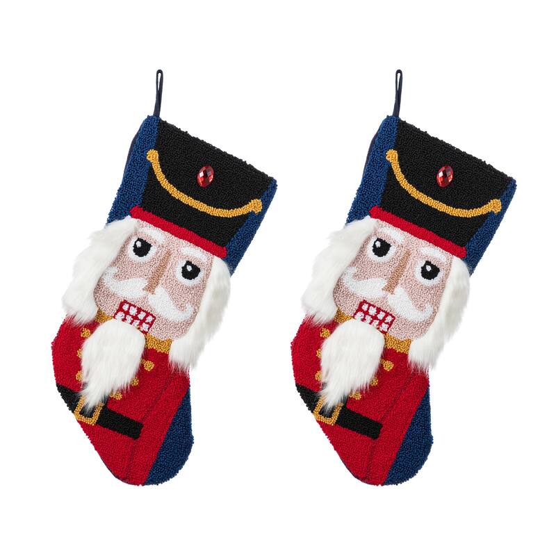 Glitzhome 20.5"L Santa Snowman Nutcracker Hooked Christmas Stocking - 2PK Nutcracker
