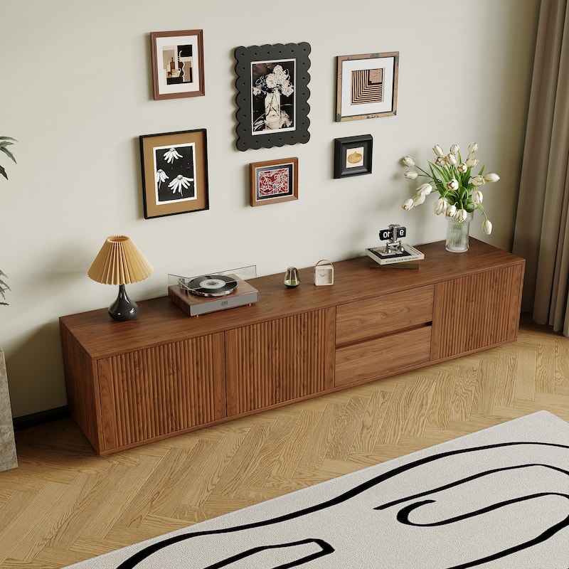 78.74" Mid Century Brown Wood TV Stands, 2 Drawers and Cabinets