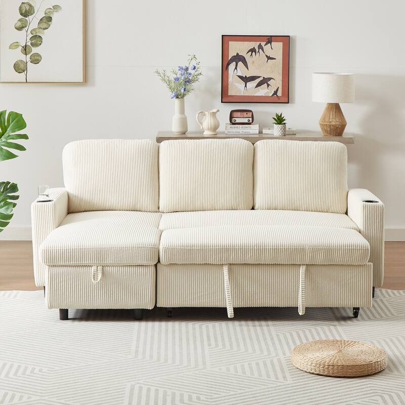 L-Shaped Comfortable Corduroy Combo Sofa with Pullout Bed and Storage