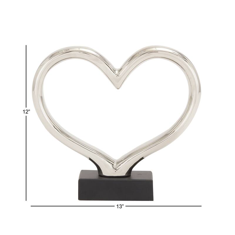 Silver Ceramic Heart Decorative Sculpture with Black Base - 13 x 3 x 2