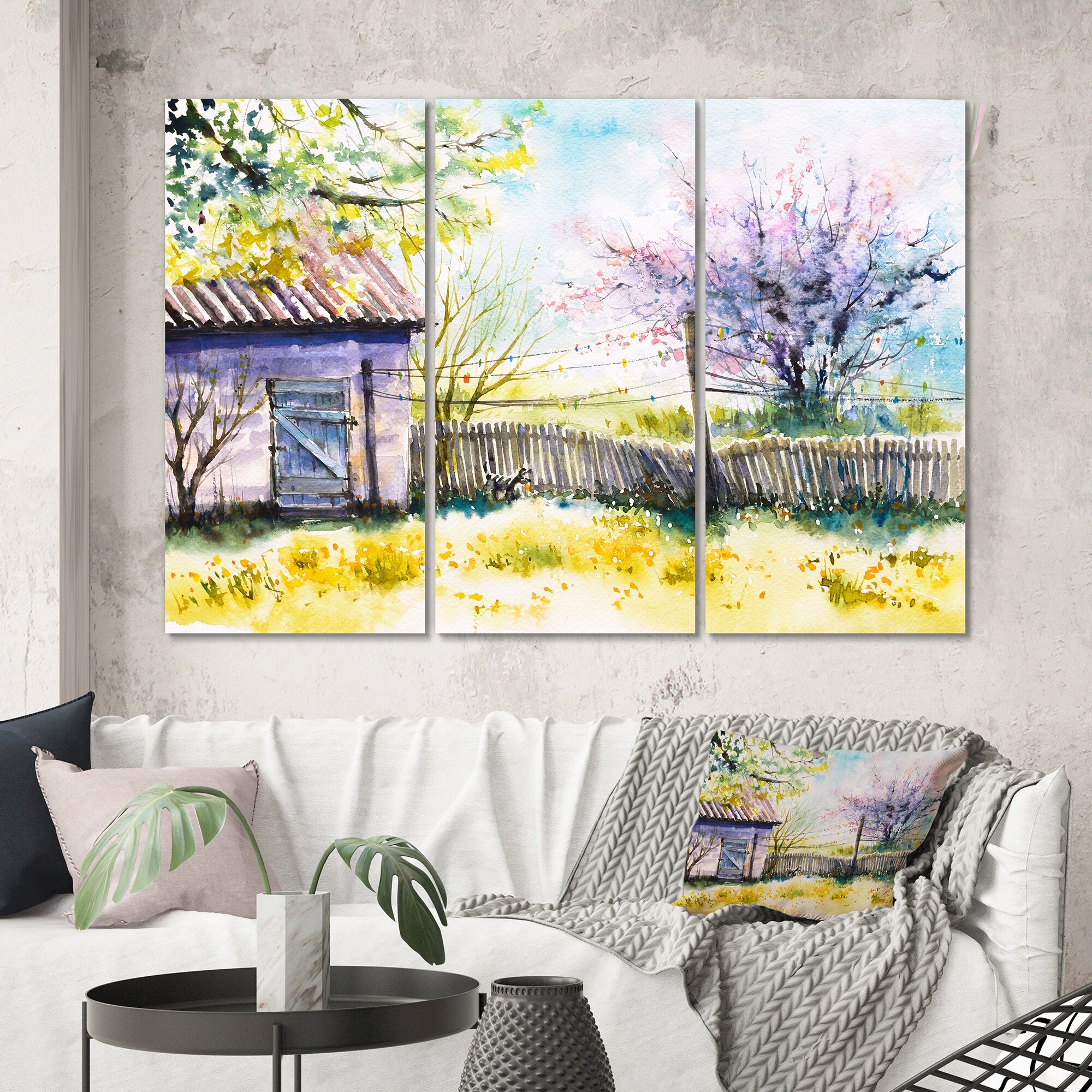 Designart "Backyard With Pink Trees At Spring" Country Canvas Wall Art Print