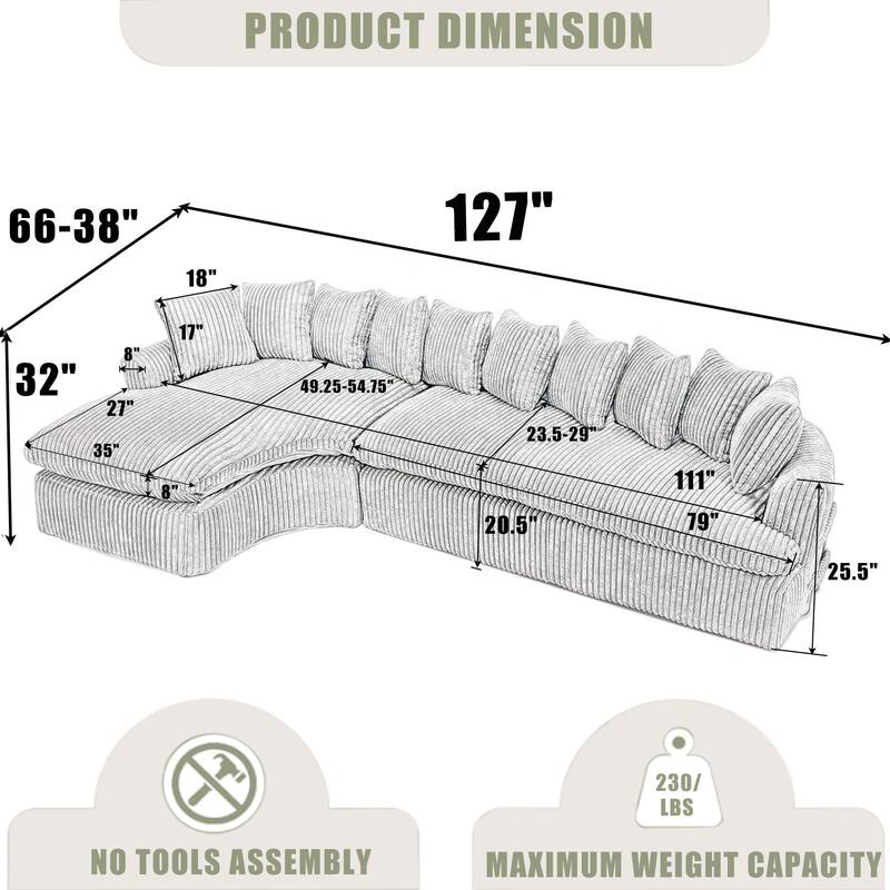 127" Corduroy L-Shaped Sectional Sofa with 10 Back Cushions