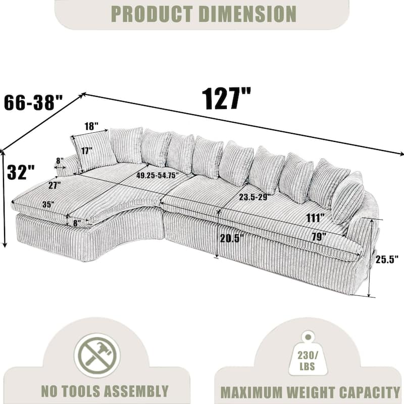Modern L-Shaped Corduroy 4-Seat Modular Sectional Sofa with Curved Design and Back Cushions for Living Room