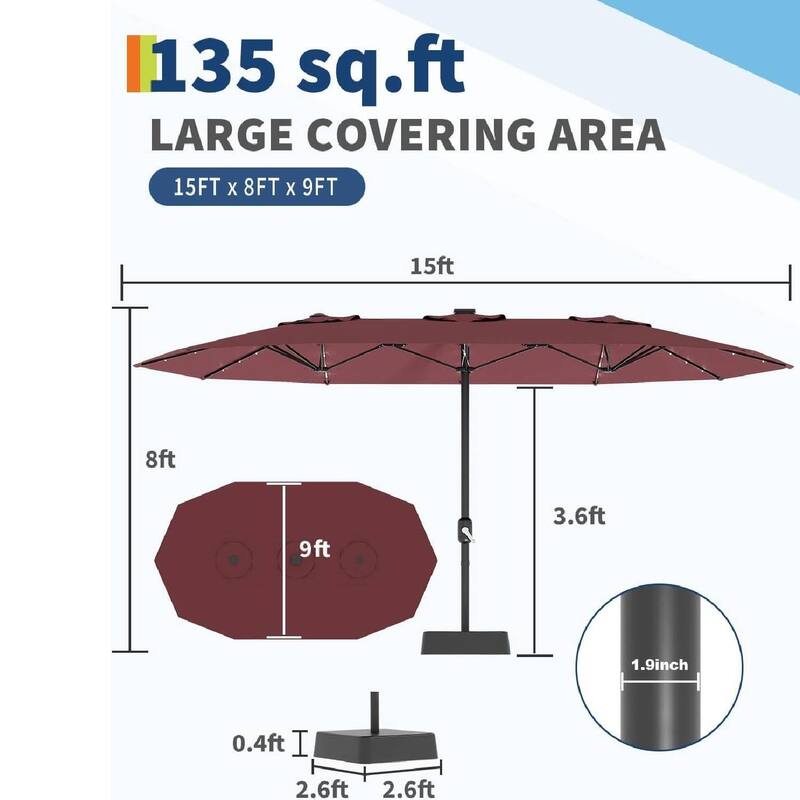 15FT Double-Sided Patio Umbrella with with LED and Base Included for Pool Lawn Garden