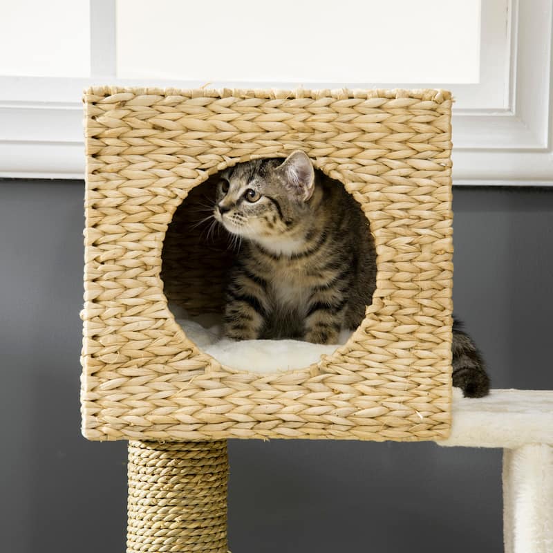 PawHut Cattail Weave Cat Tree for Indoor Cats Kitty Tower with Rattan Cat Condo, Wicker Bed, Ladder, Washable Cushions
