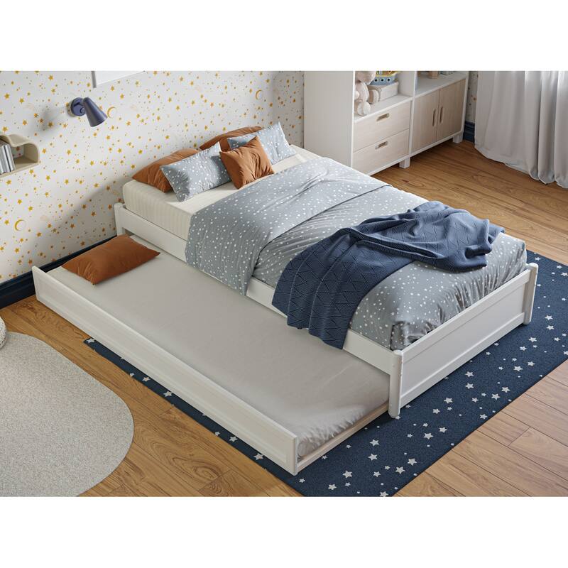 Asian Twin Panel Bed with Trundle - White Platform Bed Frame - Space Saving Design - Hardwood Frame