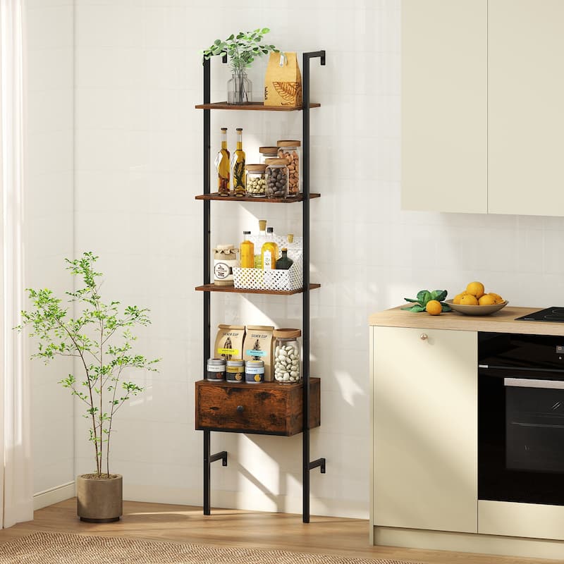 Rustic Brown Engineered Wood Ladder Bookshelf with Metal Drawer - Rustic Brown