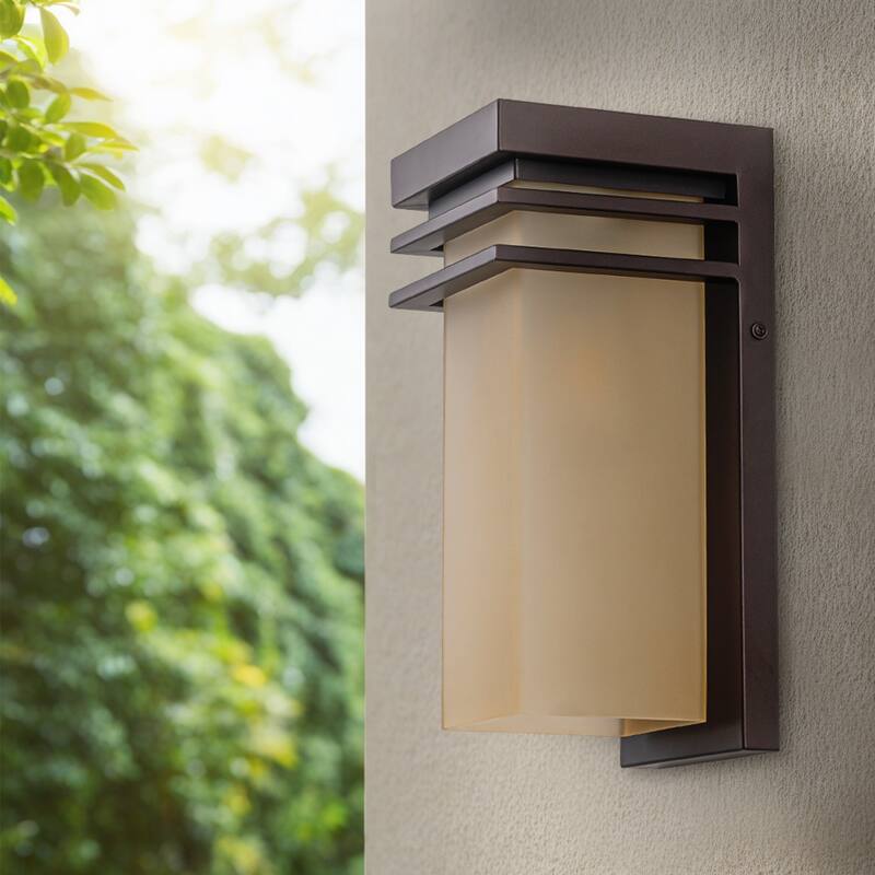 12" H Modern Bronze Outdoor Wall Sconce with Antique Amber Glass, E26 Base
