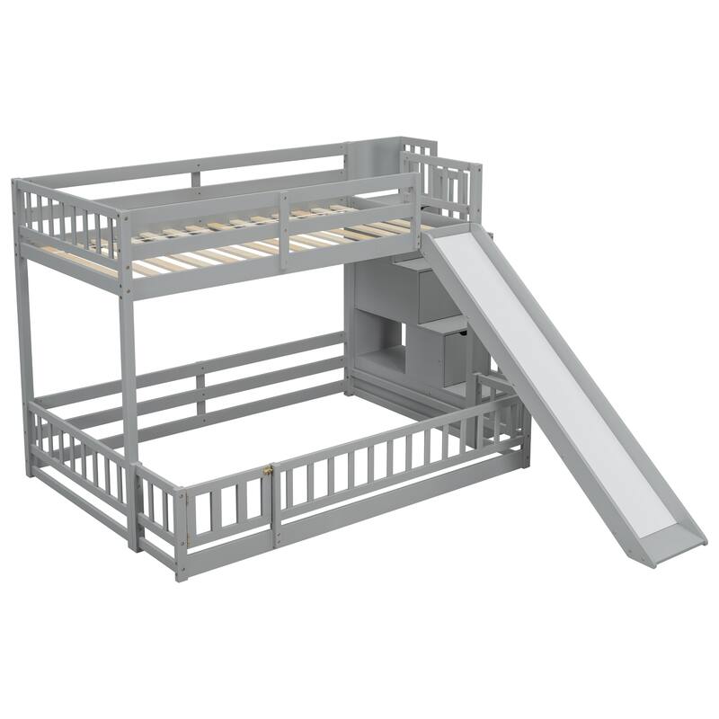 Twin Over Full Bunk Bed with Storage Staircase, Slide and Guardrails Toddler Floor Bed with Fence and Door, Floor Bunk Bed Frame