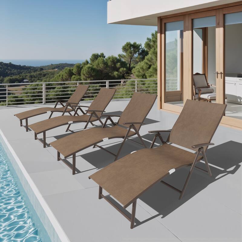 Outdoor Adjustable Aluminum Patio Folding Chaise Lounge Chair - Brown - 4PC
