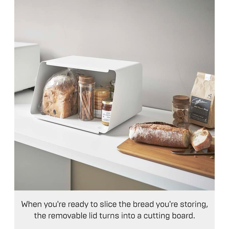 Yamazaki Home Bread Box with Cutting Board Lid, Steel and Wood, Lid - L 9.65 x W 12.4 x H 7.28 inches
