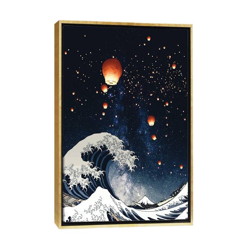 iCanvas "The Big Wave And Japanese Lanterns In Night Sky" by GEN Z Framed Canvas Print - Gold - 26x18