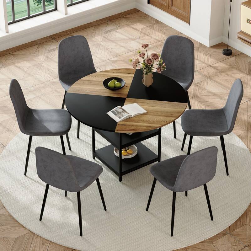 A 47.3-Inch Diameter Modern Splicing Circular Dining Table Set- Double-Layer Storage,Paired with 6 Fabric Chairs