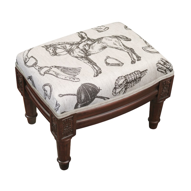 Linen/Wood/Foam Equestrian Footstool with Wood Stain Finish