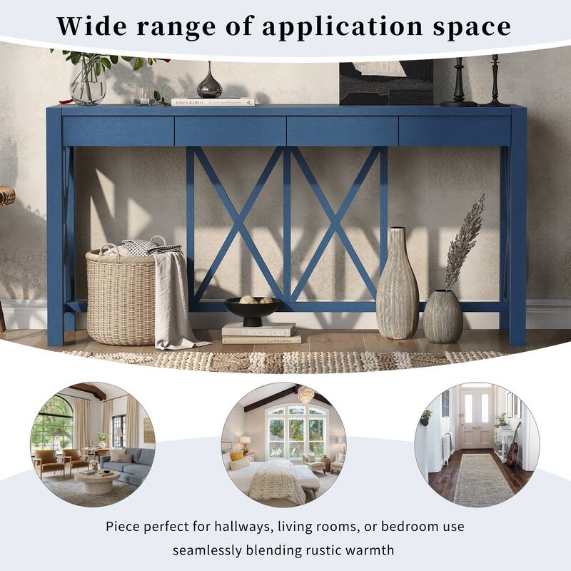 Acacia Veneer Console Table Entryway Table with 4 Drawers and X-Leg, Farmhouse Sofa Table with Open Bottom Storage