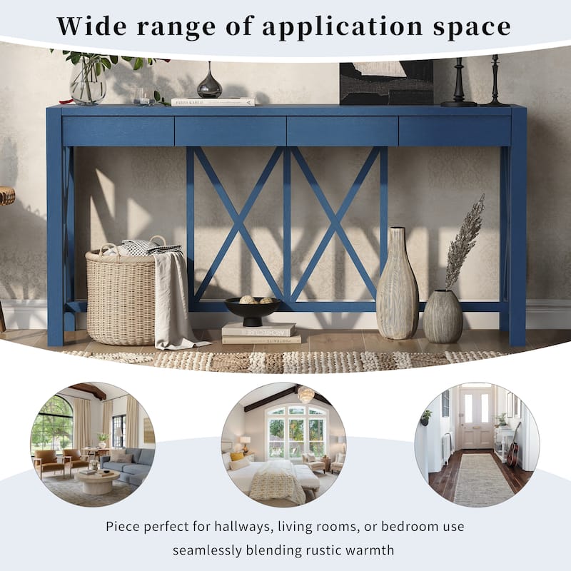 Roomfitters 60" Farmhouse Console Table, Acacia Veneer Entryway Sofa Table with 4 Drawers and Crisscross Design
