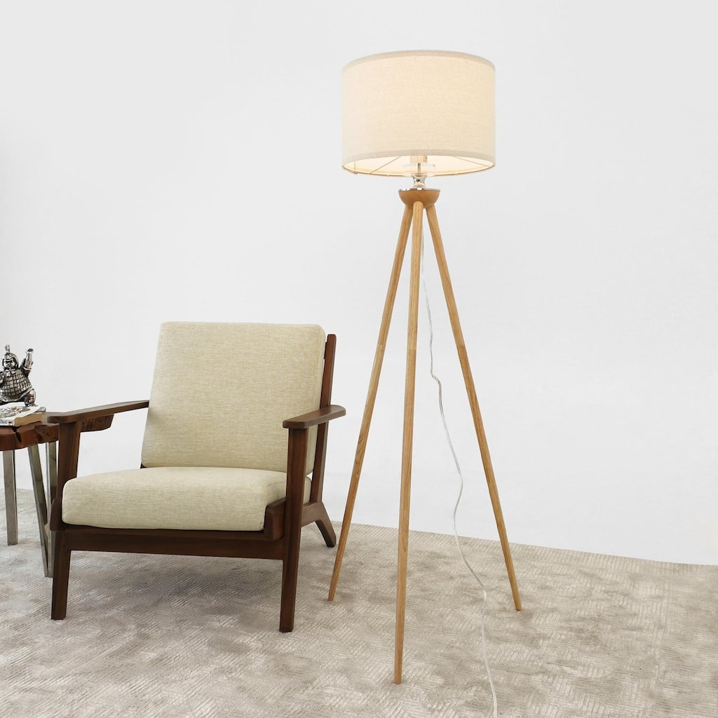 Simple three-legged wooden floor lamp, LED standing lamp - Brown