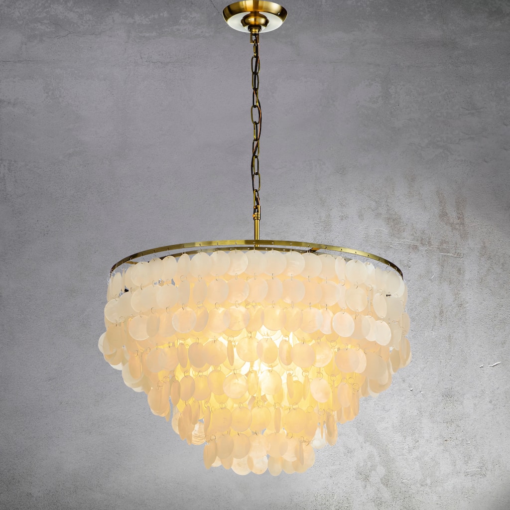 CraftHome 6-Light Unique/Statement Coastal Natural Capiz Shell Round Tiered Chandelier - W24‘’