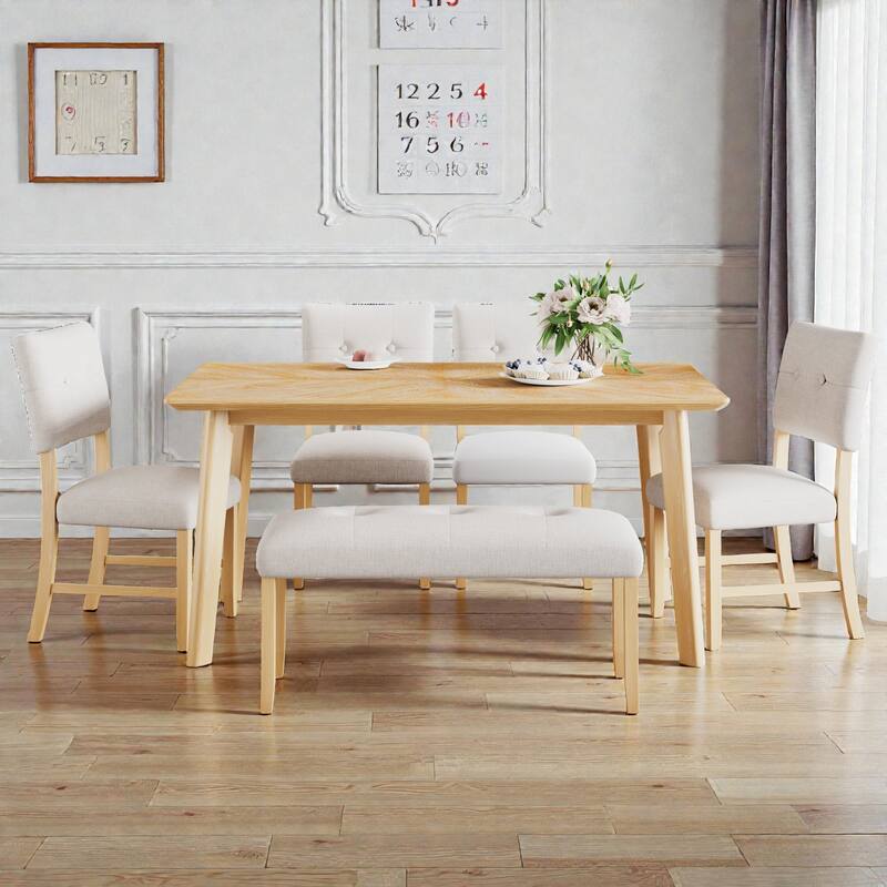 6-Piece Rustic Farmhouse Dining Set, Solid Wood Rectangular Table with 4 Upholstered Chairs and Bench for Dining Room