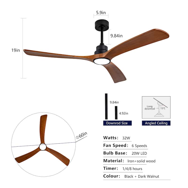 60 Inch Wood Ceiling Fan With 3 Solid Wood Blades Remote Control Reversible DC Motor For Living Room - Black