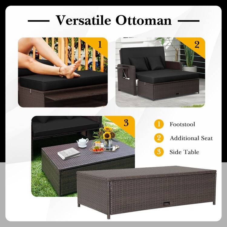 Patio Rattan Daybed with 4-Level Adjustable Backrest and Retractable Side Tray - 31" x 67" x 36"