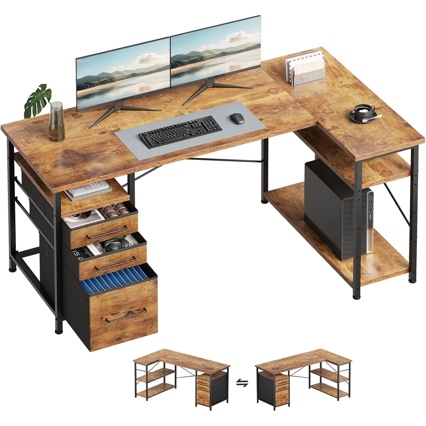 55 Inch L-Shaped Computer Desk with Drawers and Storage, Rustic Brown, Ideal for Small Spaces