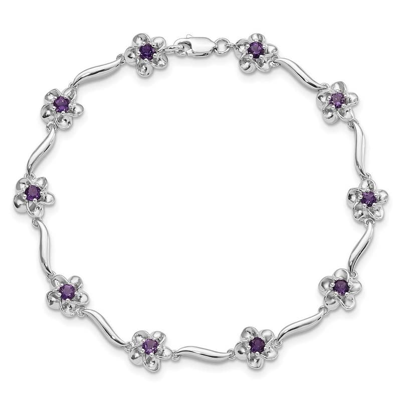 Curata 7.85mm 925 Sterling Silver Rhodium Plated Floral Amethyst Bracelet
