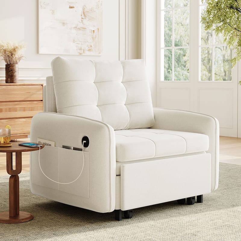 3-in-1 Chenille Accent Chair Convertible Sleeper Sofa Bed, 80" Extra Long Pull-out Chair Bed with USB and Type-C Ports - Beige