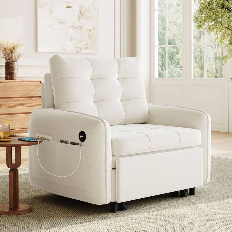 Convertible 3-in-1 Chair Bed Extra Long Pull Out Sleeper Lounge with USB Charging, Pockets, Tufted Design Chenille Single Sofa - Beige