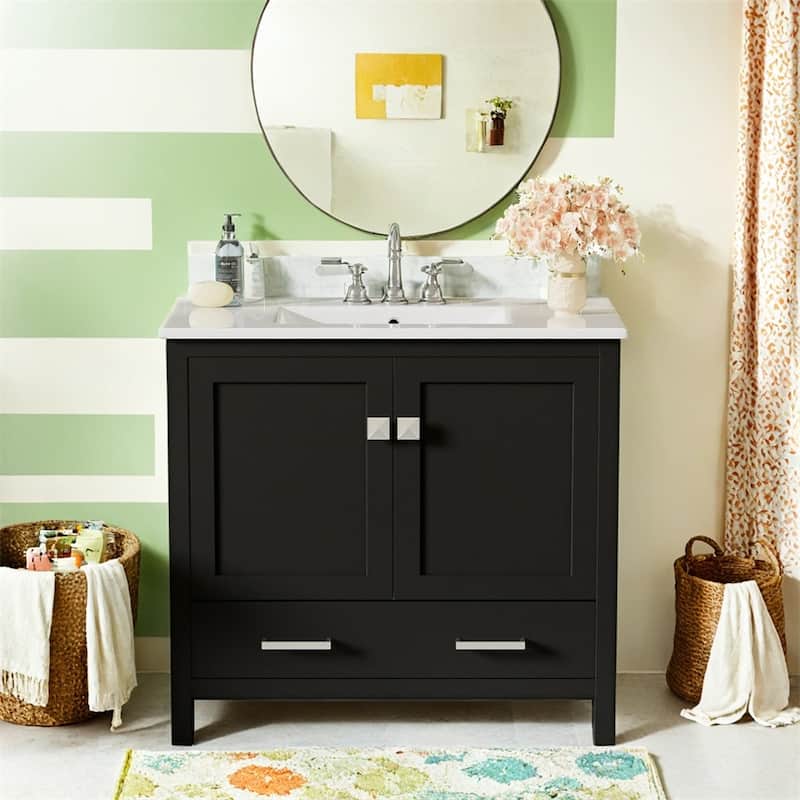 36" Bathroom Vanity with Ceramic Sink,Soft-Close Doors,Storage Shelves