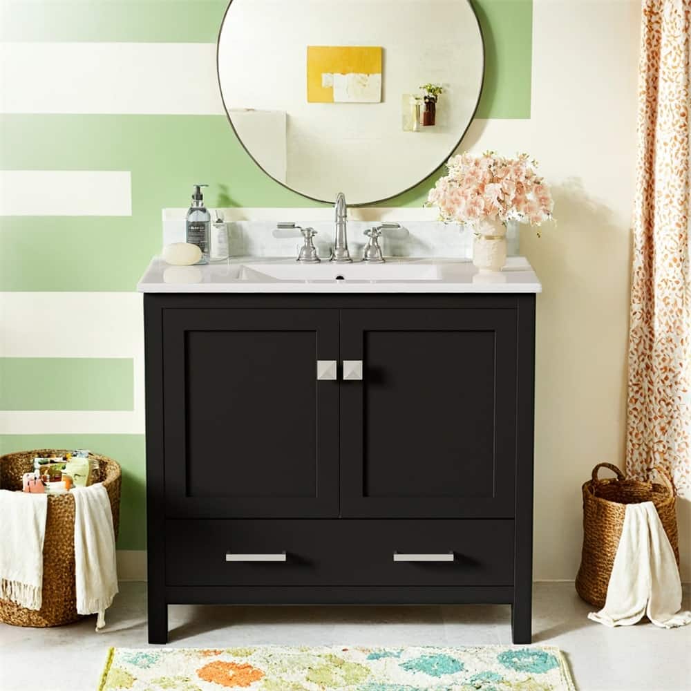 36" Bathroom Vanity with Ceramic Sink,Soft-Close Doors,Storage Shelves