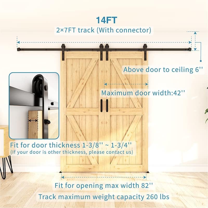 4-14 FT Sliding Barn Door Hardware Track Kit for Double Doors J Style Rollers - 14FT