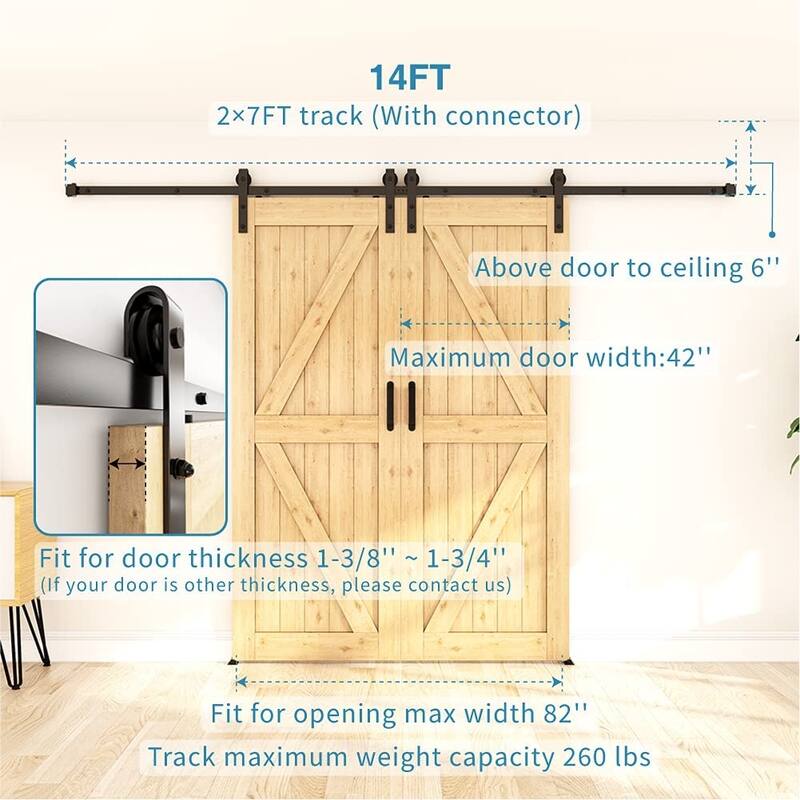 WINSOON 4-14 FT Sliding Barn Door Hardware Track Kit for Double Doors J Style Rollers - 14FT